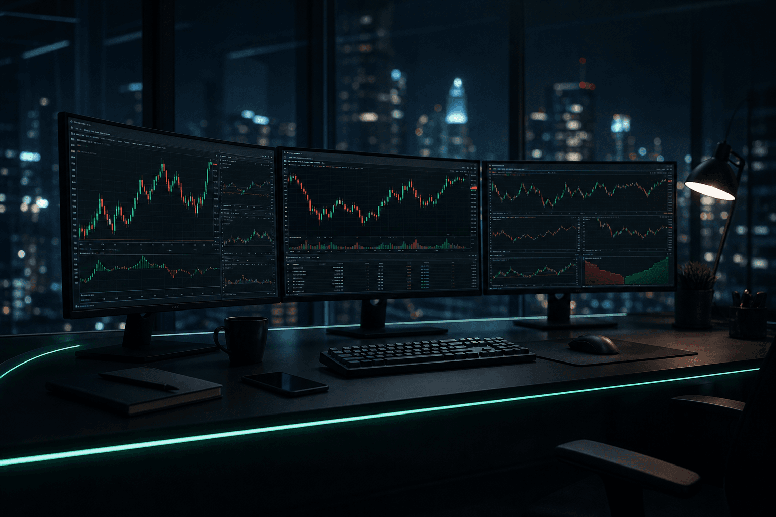 Multi-monitor trading desk with live forex charts in a dark modern office