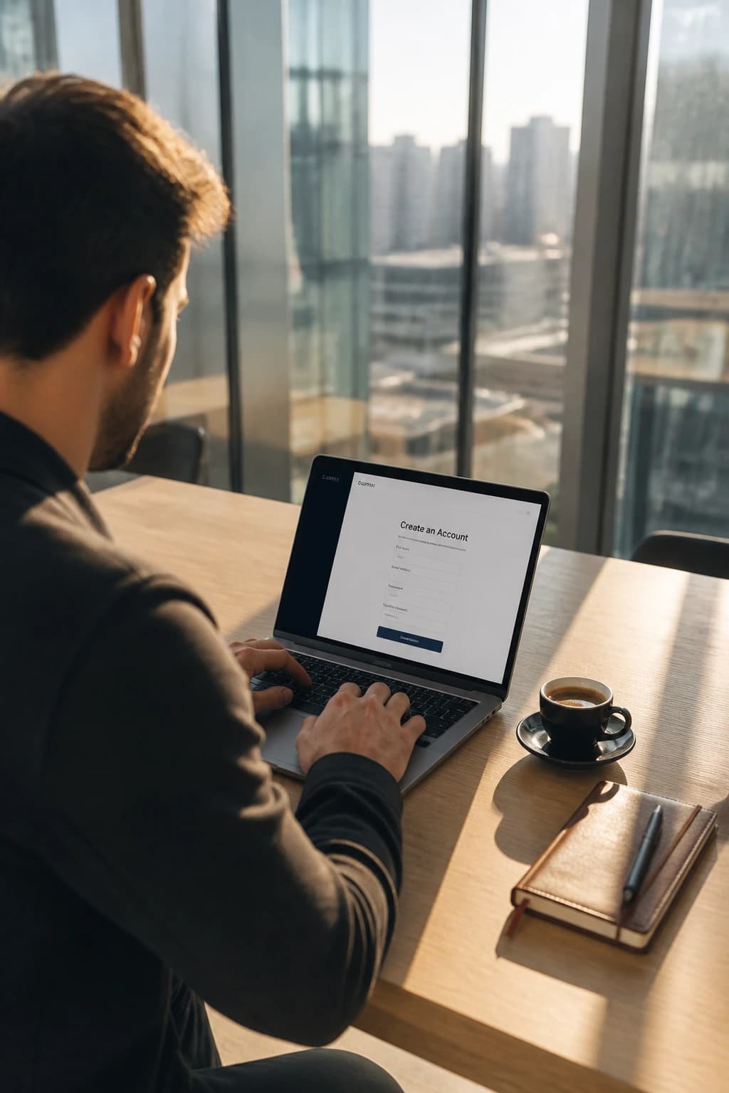 Professional registering a live trading account on a laptop in a bright modern office