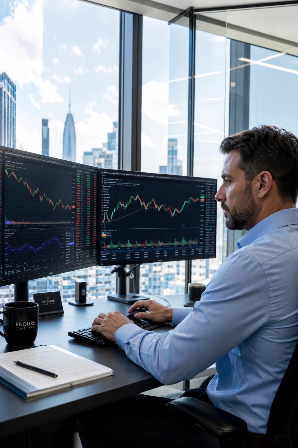 Professional trader executing orders on multi-monitor live charts